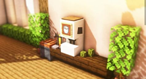 Minecraft Vanilla Furniture Ideas, Coffee Bar Minecraft, Minecraft Bookshelf Ideas Small, Minecraft Room Decor Ideas In Game, Minecraft Hot Tub Ideas, Cat Area Minecraft, Minecraft Drum Set, Minecraft Washing Machine, Minecraft Umbrella Table