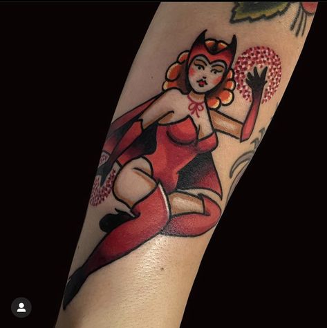 Scarlet Witch Traditional Tattoo, Marvel Tattoos Traditional, Marvel Pinup Tattoo, Marvel Traditional Tattoo, Nerdy Traditional Tattoo, Hex Girls Tattoo, Scarlet Witch Tattoo, Marvel Sleeve, Loki Tattoo