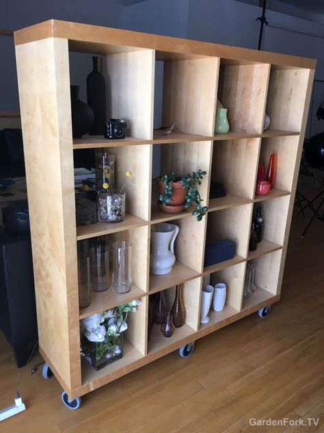 Rolling Bookcase Room Divider, How To Build A Moveable Wall, Moveable Room Divider Ideas, Moveable Room Dividers, Diy Bookshelf Room Divider, Movable Room Dividers, Moveable Bookshelf, Diy Movable Wall, Moveable Walls Room Dividers