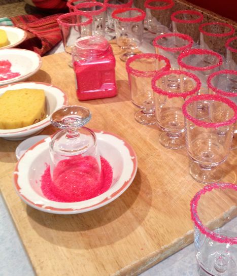 Pink sugar rimmed punch glasses.  Fun and festive! Drink Rim Ideas, Pink Sparkle Birthday Party, Pink Birthday Party Food, Sweet 16 Party Decorations, Sweet Sixteen Birthday Party Ideas, 21st Birthday Decorations, Birthday Drinks, Birthday Dinner Party, Bday Party Theme