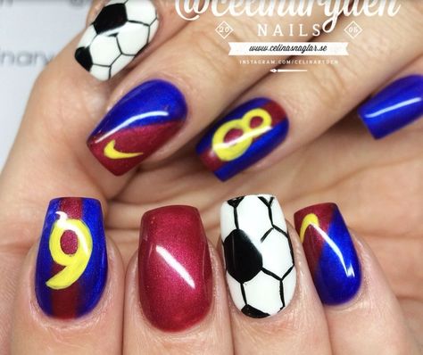 Barcelona Nails Design, Soccer Nails Design, England Nails, Football Nails Design, Cool Easy Nail Designs, Barcelona Nails, Cool Easy Nails, Soccer Nails, Sports Nails