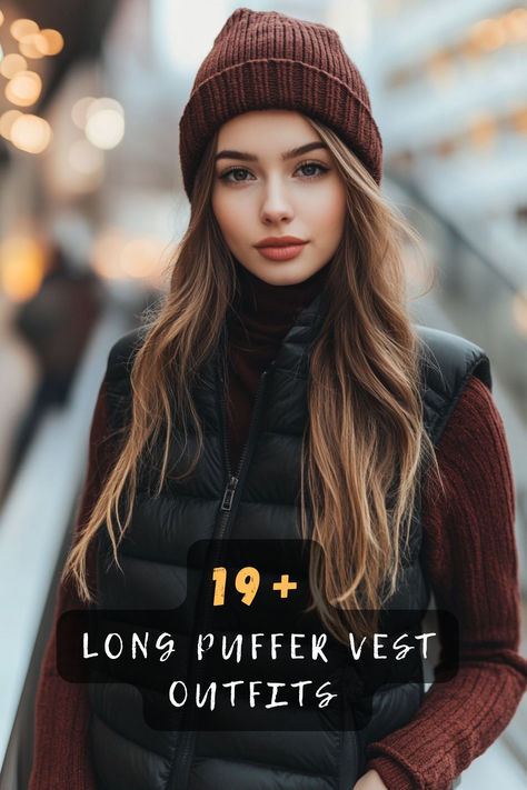 🎯 Want To Look Effortlessly Cool? These 19 Long Puffer Vest Combinations Will Show You How To Master Cold Weather Style! Tap For Trendy Outfit Ideas 💖 #VestStyle #WinterFashion #OutfitTips #StyleInspo #LayeringGoals #FashionLooks #TrendAlert Womens Long Puffer Vest, Puffer Vest And Joggers Outfit, Black Puffer Vest Outfits For Women Fall, Brown Puffy Vest Outfit, Outfits With Black Puffer Vest, Styling Puffer Vest, Long Puffy Vest Outfit, Long Puffer Vest Outfits For Women, Outfit With Puffer Vest