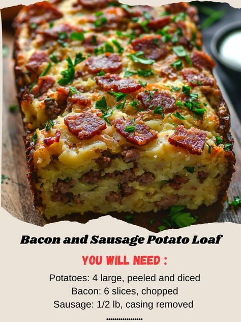 Sausage Loaf, Potato Loaf, Bacon And Sausage Potato Loaf, Bacon And Sausage Stuffed Potato Loaf, Bacon And Sausage-stuffed Potato Loaf, Eat On A Budget, Sausage Potatoes, Homemade Bread Recipes Easy, Easy Bread Recipes