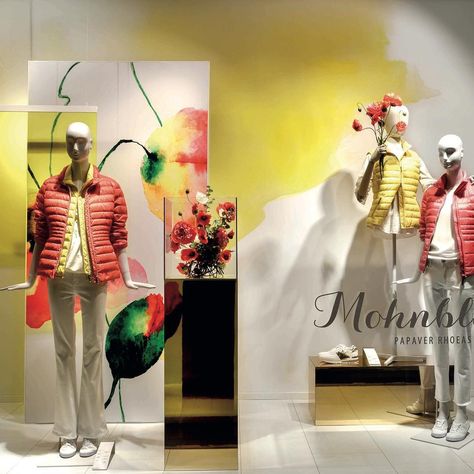 Spring, Store: Leffers, Oldenburg #windowdisplay #visualmerchandising #windowdesign #formfactory #aquarelle #flowers #leffers #lefferslover #yellowgold   #springwindow Spring Window Display, Visual Merchandising Fashion, Unique Mannequin, Fashion Window Display, Spring Display, Window Illustration, Visual Merchandiser, Light Tunnel, Flower Colour