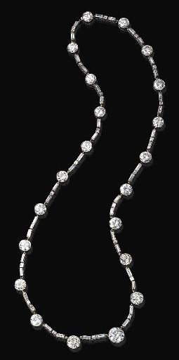 AN ELEGANT ART DECO DIAMOND NECKLACE, BY BOUCHERON. Designed as a series of twenty-one graduated diamond collets, joined by square and baguette-cut three-stone diamond links, mounted in platinum, circa 1925, 20½ ins. Signed Boucheron, Paris. #ArtDeco #Boucheron #necklace Boucheron Necklace, Diamond Tennis Necklace, Jewel Necklace, Large Image, Three Stone Diamond, Art Deco Necklace, Elegant Art, Cluster Pendant, Modern Necklaces