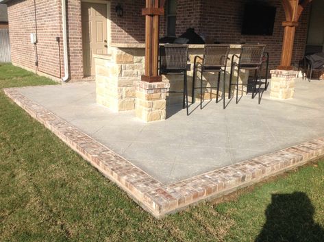 Patio With Brick Border, Salt Finish Concrete, Patio Border Ideas, Brick House Siding, Patio Extension Ideas, Patio Repair, Poured Concrete Patio, Brick And Concrete, Brick Border