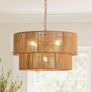 Starsky 5-Light 21in. Rattan Boho Tiered Drum Hand Woven Chandelier with Natural Rope Paper Shade - Bed Bath & Beyond - 40311915 Sloping Ceiling, Rattan Light Fixture, Rattan Chandelier, Rope Pendant Light, Rattan Pendant, Rattan Pendant Light, Hanging Pendant Light, Geometric Chandelier, Light Kitchen