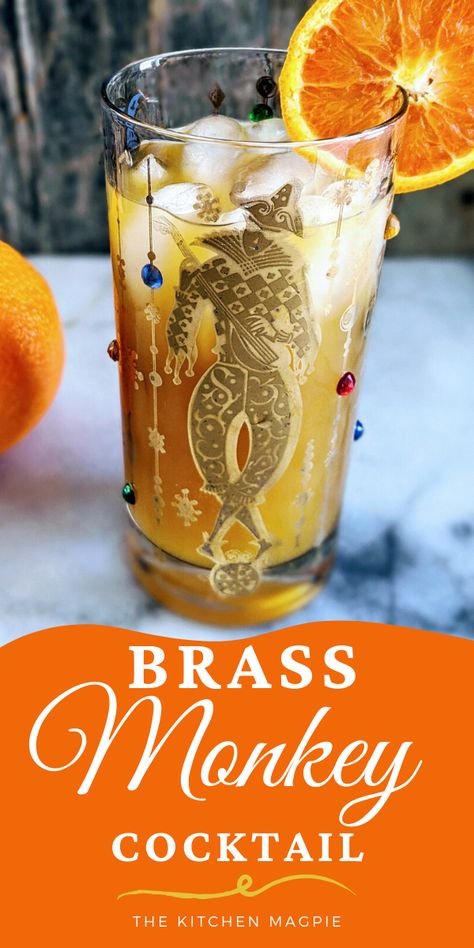 Brass Monkey Cocktail made with Dark Rum, Vodka and Orange Juice #rum #vodka #orangejuice #cocktail Brass Monkey Drink, Dark Rum Drinks, Monkey Cocktail, Rum And Orange Juice, Dark Rum Cocktails, Orange Juice And Vodka, Brass Monkey, Cocktail Serving, Tiki Drinks