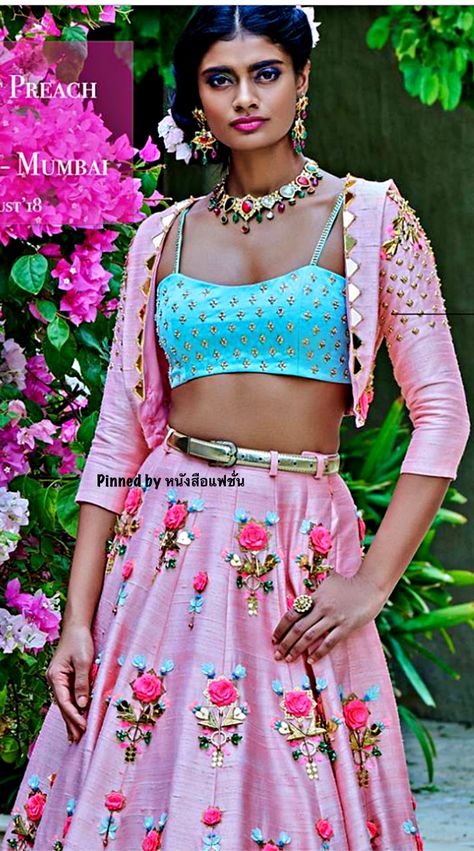 Papa Don’t Preach by Shubhika : India. Papa Dont Preach Embroidery, Papa Dont Preach Lehenga, Contemporary Lehenga, Trendy Cafe, Indian Outfits Modern, Peach Lehenga, Blouse Designs High Neck, Desi Dress, Haldi Outfit