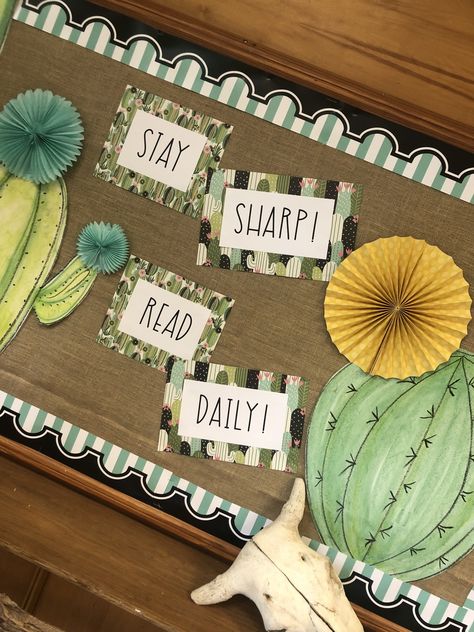 Western Reading Theme, Boho Western Classroom, Western Themed Bulletin Boards, Desert Bulletin Board, Cactus Bulletin Board Ideas, Western Bulletin Board Ideas, Succulent Bulletin Board, Plant Bulletin Board, Western Classroom Theme