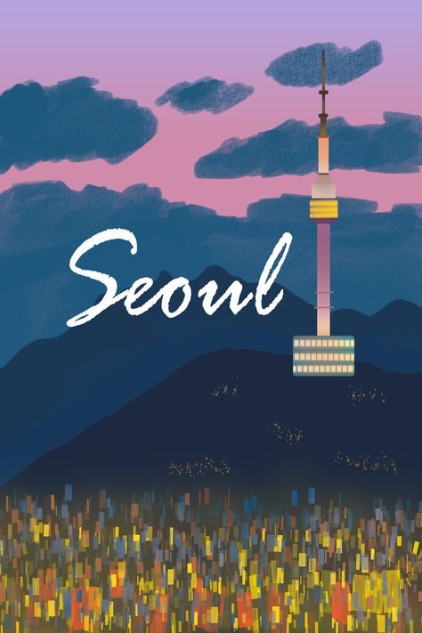 South Korea Night View, Korea Night View, Seoul Drawing, South Korea Night, Korea Tourist Spots, Seoul Illustration, Korea Night, Seoul Night, Design Print Layout