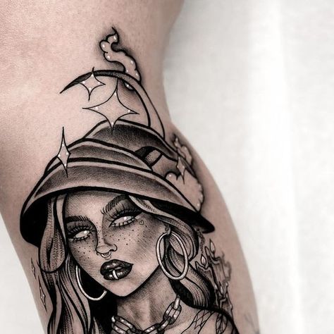 ＳＰＩＣＹ　ＩＮＫ on Instagram: "Magician Goth Girl by @melissa_rb.tattoo 🤍 . . . . . #tatt #tattoo #tattooed #tattoos #tattoosofinstagram #girlswithtattoos #tattooideas #tattooart #tattoodesign #tattooinspiration" Goth Pinup Tattoo, Goth Girl Tattoo, Goth Women Tattoos, Goth Tattoos, Goth Pinup, Girl Thigh Tattoos, Sisters Tattoo, Pin Up Girl Tattoo, Goth Tattoo