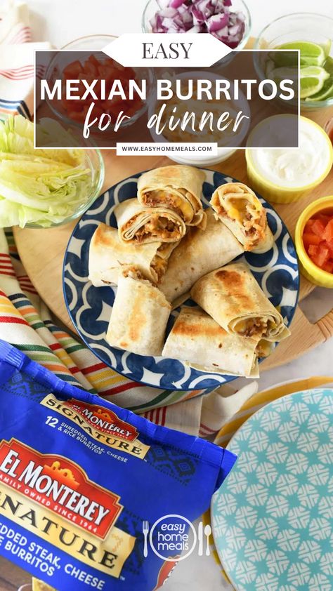 Craving a flavorful Mexican dinner but short on time? Say hello to @SavvySavingCouple's go-to solution: El Monterey® Signature Steak & Cheese Burritos! They're not just a meal, they're a lifesaver on busy days.   Quick, delicious, and perfect for the whole family. Plus, with the secret crispy skillet hack, dinner's never been easier!   #ad #frozenfoodmonth #easyhomemeals El Monterey Burritos Recipes, Easy Burritos, Burritos Recipes, Mexican Burritos, Seafood Dinner Recipes, Dip Recipes Appetizers, Savory Breakfast Recipes, Kid Approved Meals, Breakfast Recipes Sweet