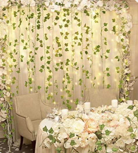 Curtain Lights With Ivy, Floral Fairy Lights, Aka Party, Hanging Ivy, Birthday Room, Ivy Garland, Vines Leaves, Small Wedding Party, Birthday Room Decorations