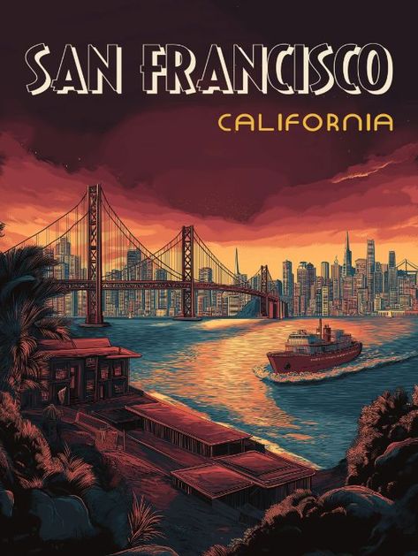 San Francisco Golden Gate Bridge - Vintage Posters Miami Pool, San Francisco Golden Gate Bridge, Italy Poster, Pin Design, Chicago City, Space Poster, Halloween Poster, Tuscany Italy, Rome Italy