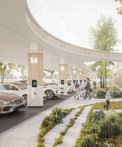 Ev Station Design, Gas Station Architecture, Parking Plan, Electric Station, محطة وقود, Bridge Architecture, Station Essence, Parking Building, Electric Charging Stations