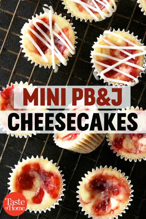 Pb And J Cheesecake, Peanut Butter Mini Cheesecakes, Peanut Butter Jelly No Bake Cheesecake, Mini Pb&j Sandwiches, Pb&j Cupcakes, Peanut Butter Jelly Recipes, Jelly Cheesecake, Cottagecore Recipes, Jelly Desserts