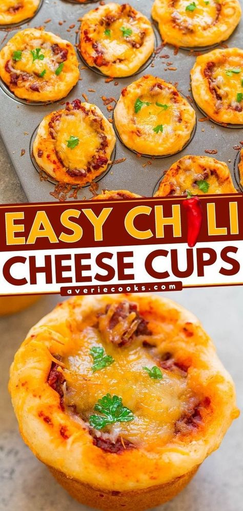 Chili Cheese Cups, game day, tailgate food, homegating recipes, crowd pleasing appetizer recipes, football Cheese Cups, Tin Recipes, Averie Cooks, Watching Football, Biscuit Recipes, Crowd Pleasing Appetizers, Easy Chili, Best Appetizer Recipes, Tailgate Food