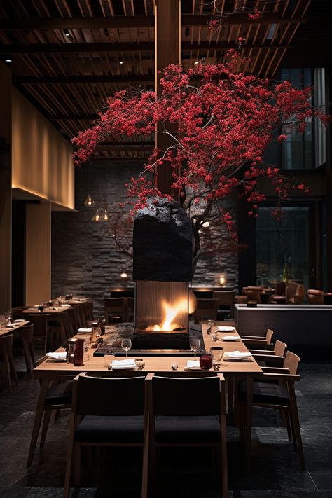 Dark Theme Restaurant Interior, Japanese Resto Design, Fancy Asian Restaurant, Modern Izakaya Interior, Modern Japanese Restaurant Design, Korean Restaurant Aesthetic Interior, Japanese Aesthetic Restaurant, Japanese Bar Design, Modern Izakaya