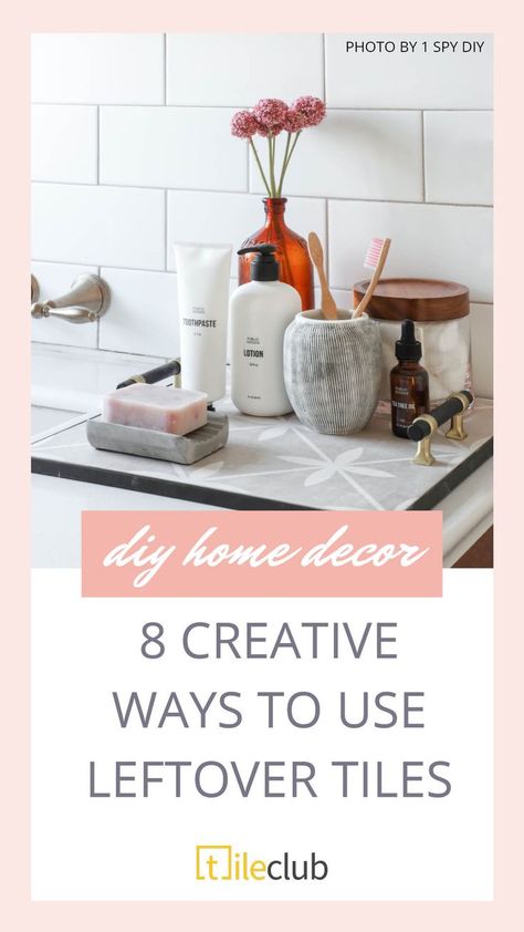 Turn leftover tile from kitchen and bathroom projects into designer-worthy home decor pieces with these 8 DIY ideas! We're sharing some of our favorite tutorials to create stunning decorative items out of leftover tiles, mosaic pieces, and tile sheets - check out this DIY Decor Tray from I Spy DIY or the Minimalist Brass and Marble Pendant The Merrythought created out of a penny tile! Repurposed Tile Diy Projects, What To Do With Leftover Ceramic Tiles, Projects With Tiles Scraps, Peel And Stick Tile Projects, Craft Ideas Using Ceramic Tiles, What To Do With Tile Leftovers, Using Leftover Tiles Diy Projects, Tile Hacks Diy, Upcycle Tiles Diy Projects