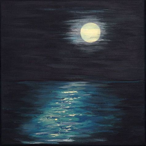 Nocturnal Paintings, Sea Painting Acrylic, Watercolour Moon, Calm Night, Ocean Surface, Ocean Landscape Painting, Ocean Drawing, Sea Drawing, Ocean Waves Painting