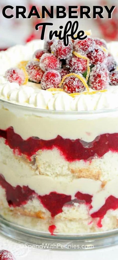 This easy cranberry trifle recipe features soft cake layered with sweet tart cranberries and homemade custard. This beautiful trifle dessert is perfect for any time of year! #spendwithpennies #triflerecipe #trifledessert #easytrifle #easydessert #dessertrecipe #trifle Christmas Trifle Recipes, Trifle Recipes Easy, Easy Trifle, Trifle Bowl Recipes, Trifle Dessert Recipes, Christmas Trifle, Cheesecake Trifle, Trifle Recipes, Homemade Custard