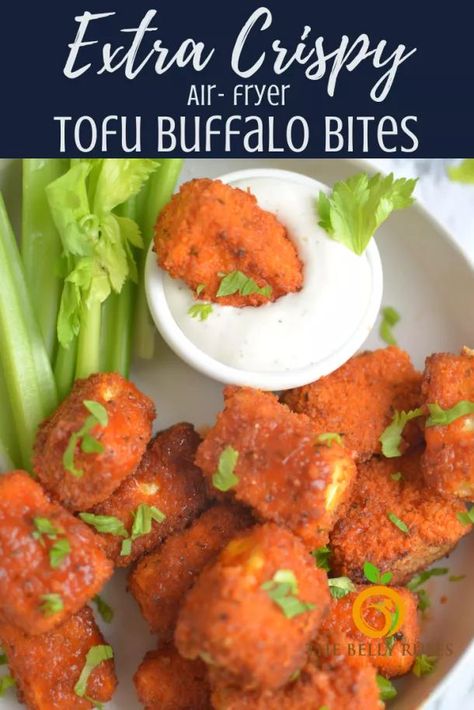 Tofu Buffalo, Air Fryer Tofu, Buffalo Bites, Buffalo Tofu, Crispy Tofu, Air Fryers, Air Fryer Recipes Healthy, Tofu Recipes, Dipping Sauce