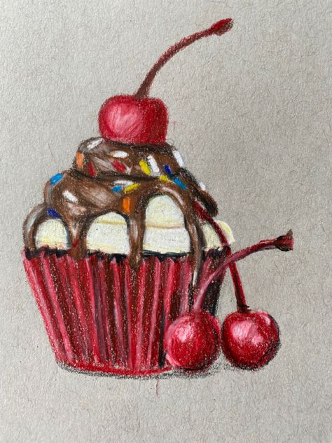 Food Drawing Colored Pencil, Easy Charcoal Drawings, Birthday Pencils, Cd Crafts Diy, Pie Drawing, Colored Pencil Artwork Ideas, Cookie Drawing, Prismacolor Drawing, Cupcake Drawing