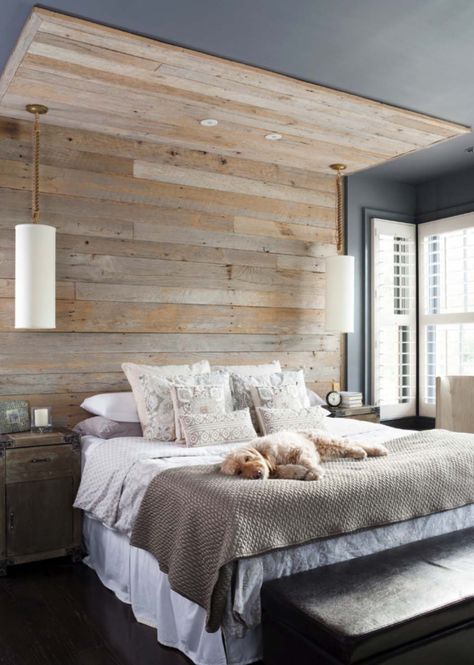 contemporary-bedroom Wood Paneled Walls, Wall Behind Bed, Modern Farmhouse Style Bedroom, Paneled Walls, Farmhouse Style Bedrooms, Decor Ikea, Reclaimed Wood Wall, Couple Bedroom, Wood Bedroom