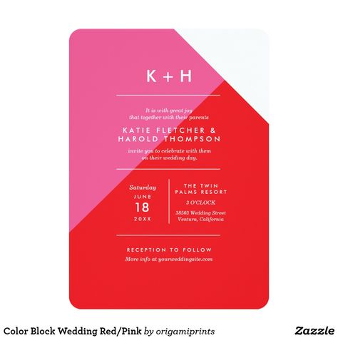 Color Block Wedding Red/Pink Card Modern and brightly colored wedding invite design by Shelby Allison. Color Block Invitation, Fitted Color Block Red Dress, Red Color Block Maxi Dress, Pink And Red Wedding Invitations, Modern Bright Wedding Invitations, Bright Wedding Colors, Pink Cards, Modern Wedding Invitations, Red Wedding