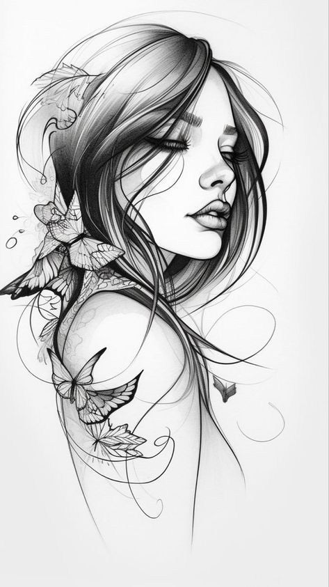 Black And White Women Tattoo, Unique Sketches Creative Inspiration, Black And White Tattoo Ideas, Tattoo Sketch Ideas, Drawing Ideas Creative Unique, Tattoo Detailed, Portrait Tattoo Design, Unique Sketches, Pencil Tattoo