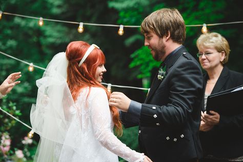 Wedding Whonnock Lake Centre Maple Ridge Ronnie Lee Hill Photography Delovely Creative Decor Brass Navy Blue Ivory Vintage Gold Bow Dress Cape Lace Long Sleeve Cathedral Veil Headband Kilt Orkney Slate Tartan Sixties 60s 1960s Vintage Beehive Red Hair Bangs Beehive Wedding Hair, Red Hair Bangs, Funny Wedding Photography, Wedding Centerpieces Diy Rustic, Red Hair With Bangs, For Wedding Hairstyles, Wedding Vow Art, Navy Hair, Red Bouquet Wedding