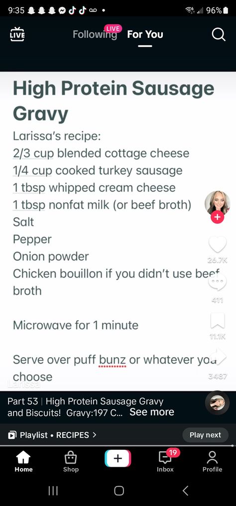 Cottage Cheese Sausage Gravy, Protein Plan, Gravy And Biscuits, Yummy Nummies, Cheese Turkey, Cottage Cheese Dips, Sausage Gravy And Biscuits, Macros Diet, Low Carb High Protein