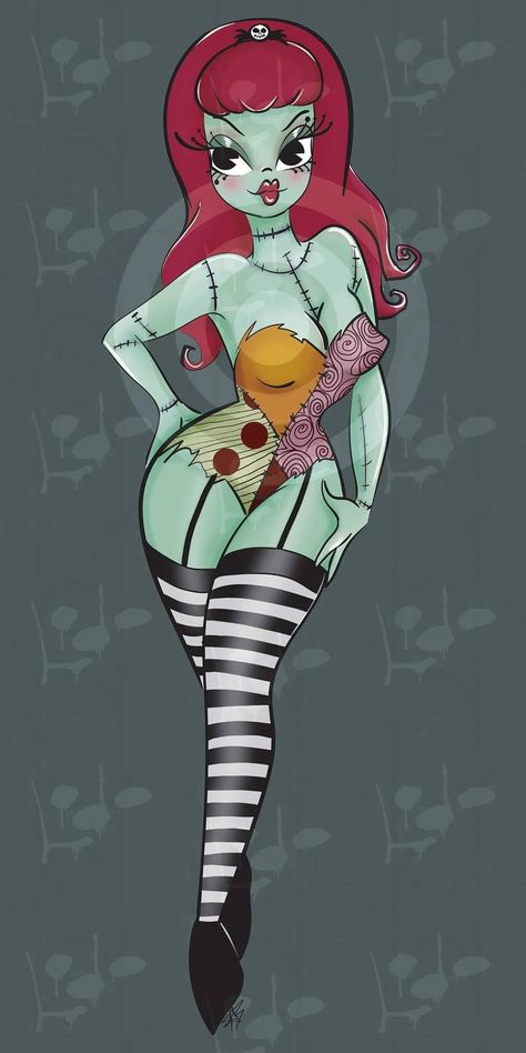 Sally Pinup, Halloween Pin Up Tattoo, Cartoons 50s, Pinup Cartoon, Miss Argentina Beetlejuice, Pinup Tattoo, Pin Up Cartoons, Goth Disney, Halloween Pin Up