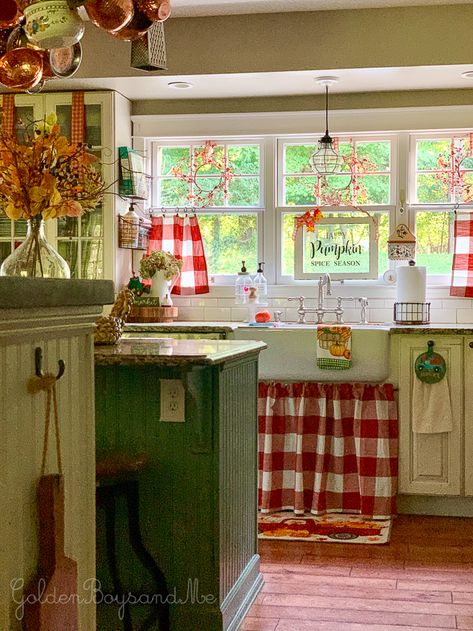 Small Kitchen Items, Farmhouse Kitchen Curtains, Curtains Farmhouse, Sink Skirt, Red Kitchen Decor, Kitchen Curtain, Fall Kitchen, Red Kitchen, Farmhouse Sink