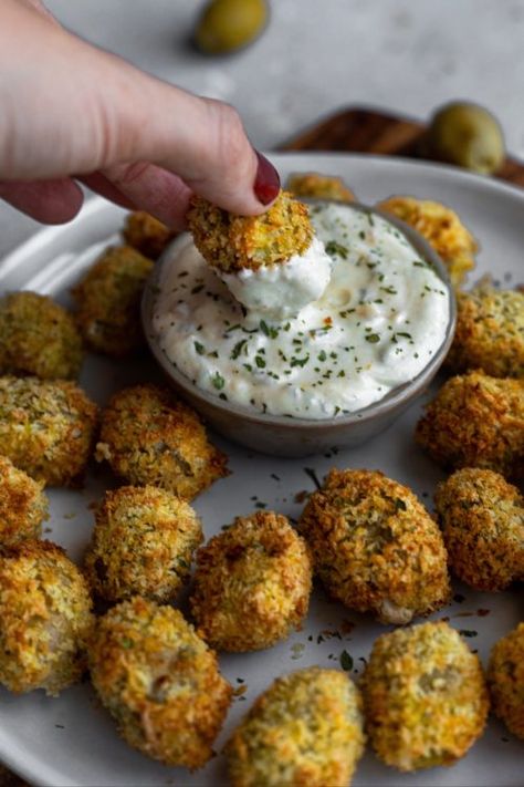 Air Fried Blue Cheese Stuffed Olives - Dash of Mandi Sunday Appetizers, Garlic Aioli Dip, Blue Cheese Stuffed Olives, Fried Olives, Creamy Dipping Sauce, Roasted Garlic Aioli, Stuffed Olives, Veggie Fries, Fried Green Beans