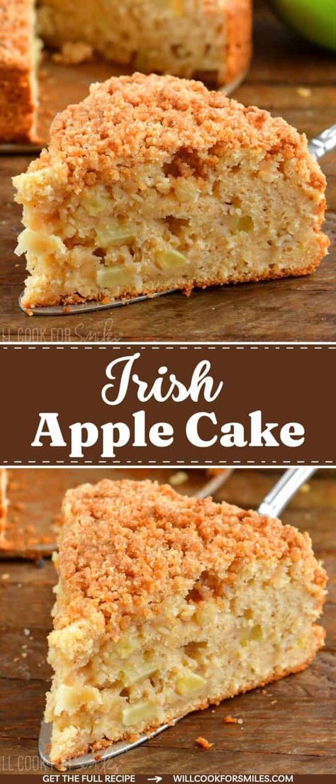 Irish Apple Cake is an easy to make, old fashioned cake that's packed with juicy apples, warm spices, and topped with a sweet, crunchy crumble topping. Enjoy a slice of this moist cake with a as an after-dinner treat or an afternoon snack. Perfect as St. Patrick's Day dessert. Traditional Irish Food Recipes, Cake With Custard Sauce, Traditional Irish Food, Cake With Custard, Irish Dessert Recipes, Irish Desserts Traditional, Irish Cake, Irish Apple Cake, Irish Recipes Authentic