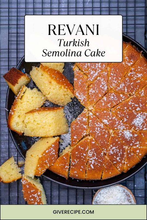 This Turkish semolina cake, also known as Revani, is moist, fluffy, and soaked in syrup. Perfect for dessert lovers! Turkish Recipes Desserts, Turkish Dishes, Semolina Cake, Brie Bites, Turkish Desserts, Around The World Food, Small Oven, Warm Cake, Lemon Flavor