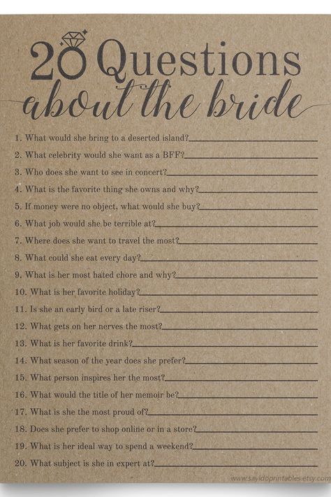 About The Bride Game, Questions About The Bride, Bridal Shower Question Game, Simple Bridal Shower Decorations, Bridal Shower Decorations Elegant, Bridal Shower Questions, Bridal Shower Decorations Rustic, Bridal Party Games, Bride Game