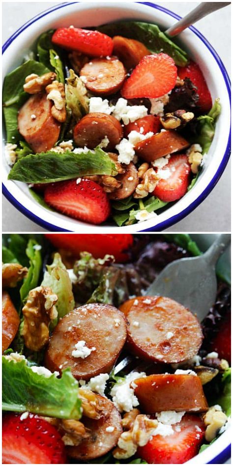 Apple Chicken Sausage Salad - healthy and refreshing salad loaded with apple chicken sausage, so good that even the pickiest eater loves it | rasamalaysia.com Chicken Sausage Salad Recipe, Sausage Salad Healthy, Chicken And Apple Sausage Recipes, Recipes With Apple Chicken Sausage, What To Eat With Chicken Apple Sausage, Apple Chicken Sausage Salad, Chicken Apple Sausage Recipes Breakfast, Chicken Sausage Salad, Sausage Salad Recipe