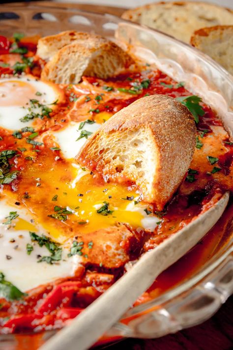 Microwave Shakshuka Recipe Shakshuka Recipe, Shakshuka Recipes, Red Bell Peppers, Simply Recipes, How To Cook Eggs, Deep Dish, Bell Peppers, Serving Food, Interesting Food Recipes