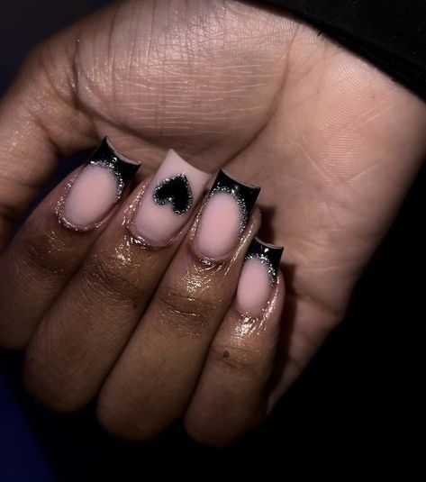 Y2k Nails Acrylic Short Black, Black Glitter Nails Short, Black Frenchies, Kid Nails, Black Nails Short, Black Prom Nails, Black Silver Nails, Black And Purple Nails, Sliver Nails