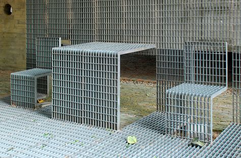 yung ho chang of atelier FCJZ: steel grille seating Expanded Metal Furniture, Perforated Metal Floor, Metal Mesh Interior Design, Wire Mesh Facade Architecture, Steel Grating, Public Furniture, Garden Grid, House Garden Landscape, Muar