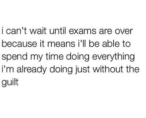 I can't wait until exams are over because it means I'll be able to spend my time doing everything I am already doing just without the guilt :-D :-D :-D :-D :-D Exams Are Over, College Memes, Exam Prep, School Memes, College Humor, Memes Humor, The Text, Funny Relatable Quotes, Funny Tweets