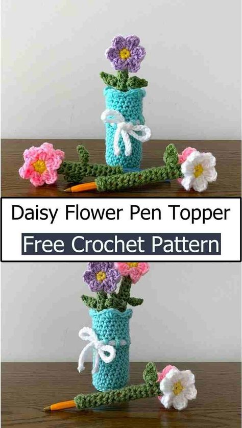 Crochet Pen Amigurumi Crochet Desk Decor Free Pattern, Crochet Office Desk Decor, Pen Holder Crochet, Crochet Pen Holder, Baby Dress Diy, Pen Toppers, Envelope Pattern, Crossbody Bag Pattern, Crochet Hair Clips