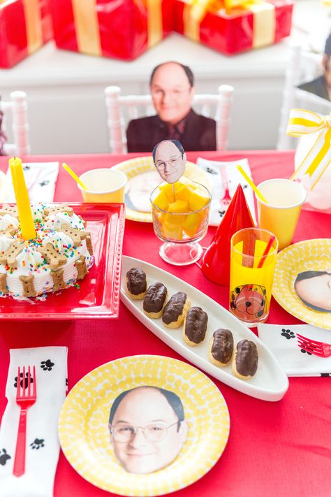 THIS IS AMAZING // Check out this George Costanza party we threw for our Dog "George" who turned 3 years old! Complete with Seinfeld-foods, decorations, etc! Seinfeld Party Food, Seinfeld Themed Party, Seinfeld Party Decorations, Seinfeld Birthday Party, Seinfeld Party Ideas, Seinfeld Party, Seinfeld Birthday, Festivus Party, Cocktail Shoot