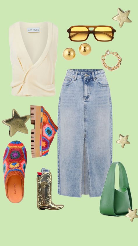 spring outfit inspo #casualoutfitinspo #springoutfitinspo #denimskirt #denim #springoutfittrends #casualstyle #goldjewelry #goldjewelryinspo #sweatertop Outfit Brunch, Denim Skirt Outfit, Spain Outfit, Divorce Court, Denim Skirt Outfits, Artsy Outfit, Outfit Primavera, Pastel Outfit, Skirt Trends