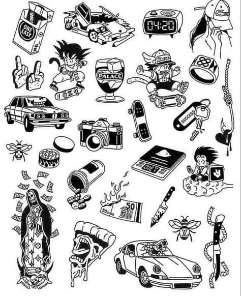 Inspiration Tattoos, Flash Tattoo Designs, Tattoo Flash Sheet, Doodle Tattoo, Old School Tattoo Designs, Sketch Tattoo Design, Sketch Tattoo, Cartoon Tattoos, Tattoo Flash Art