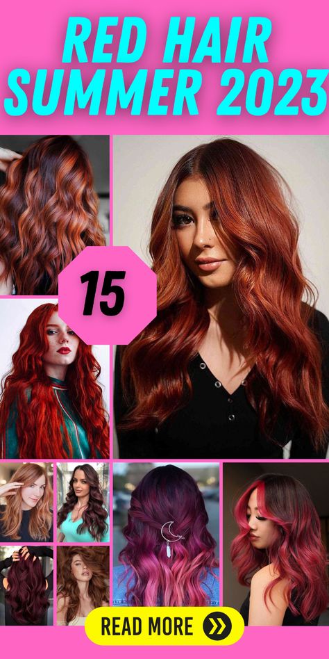 Embrace fiery hues with Red Hair trends for Summer 2023! 🔥💇‍♀️ Stay ahead of the fashion curve with bold color trends like auburn, strawberry blonde, and copper red. Get inspired by a variety of stunning shades, such as mahogany, fire engine red, cherry red, burgundy, and rose gold. Add a touch of warmth to your look with coral, peach, or red to blonde balayage highlights on brown hair. Experiment with red to brown ombre or red to black ombre for a striking and unique style🌹 Red Hair 2023 Trends Women, 2023 Hair Color Trends For Women Red, Summer 2023 Hair Color Trends Red, Red Hair For Summer 2023, Red Summer Hair Color, Red Hair Trends 2023, Red Hair 2023 Trends, What To Wear With Red Hair, Red Hair Summer 2023