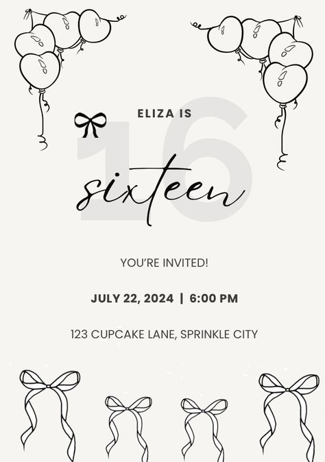 Black And White 16th Birthday, Black And White Birthday Theme, Black And White Coquette, Coquette Invitation, Coquette Party, White Coquette, All White Party, Golden Birthday, 17th Birthday